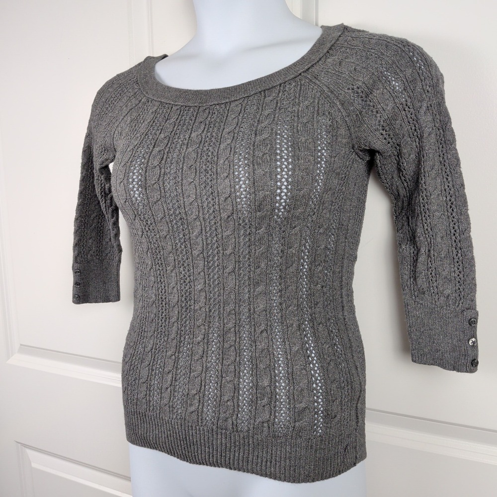 Soft Girl Bellacore Gray Cable Knit Pointelle Scoop Neck Sweater Coquette